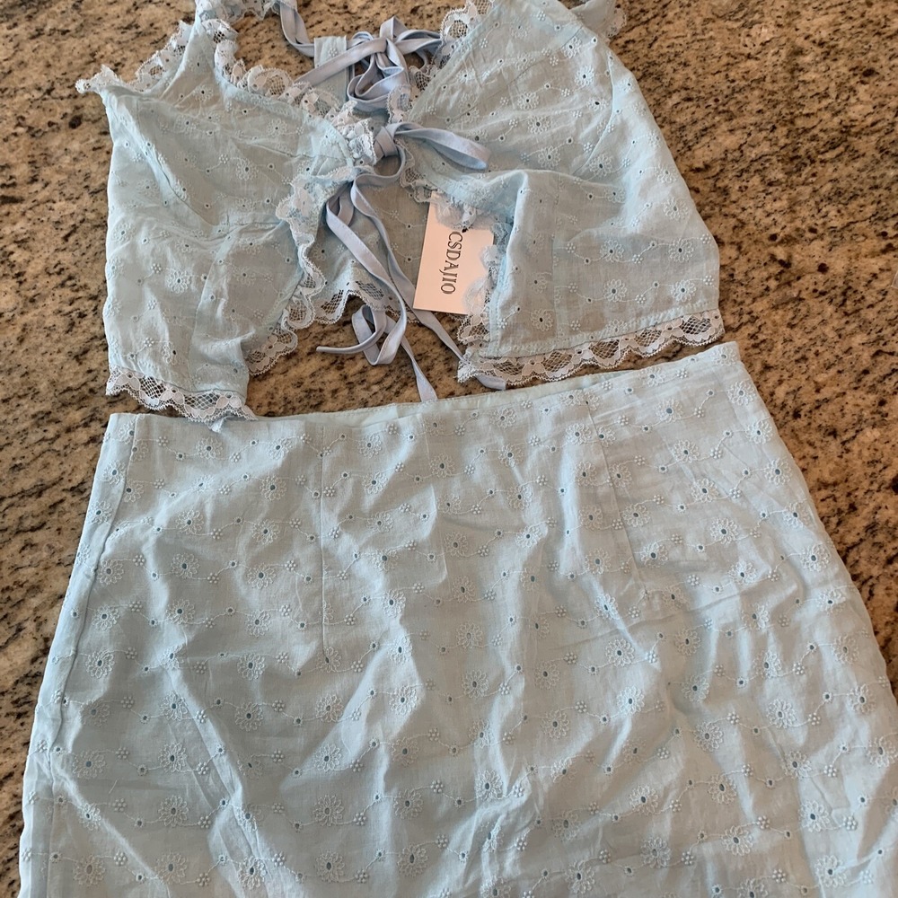 NWT Two Piece Csdajio Light Blue Eyelet Top And Skirt Size Small summer festival
